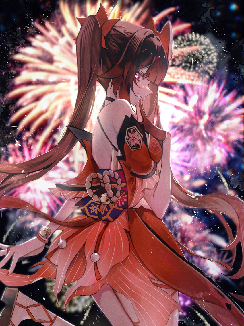 1girl arm_at_side bare_shoulders bell blunt_bangs blurry blurry_background bow brown_hair butterfly_in_eye commentary cowboy_shot detached_sleeves diandao_qin dress film_grain finger_to_mouth fireworks from_side gloves hair_bow halter_dress halterneck hand_up highres honkai:_star_rail honkai_(series) jingle_bell kimono_dress leg_up long_hair looking_at_viewer mark_under_eye mask mask_on_head nail_polish night obijime open_mouth outdoors pink_eyes red_bow red_dress red_gloves red_nails rope sandals shimenawa short_sleeves single_glove smile solo sparkle_(honkai:_star_rail) twintails