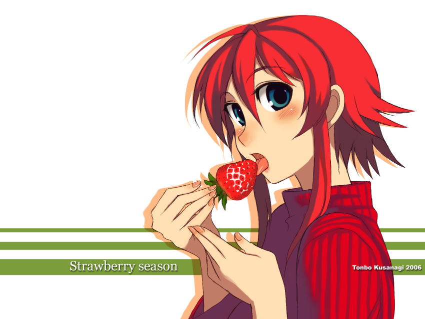 1girl blue_eyes blush dated eating female_focus food fruit highres holding holding_food holding_fruit kusanagi_tonbo original red_hair short_hair solo strawberry sweater tongue
