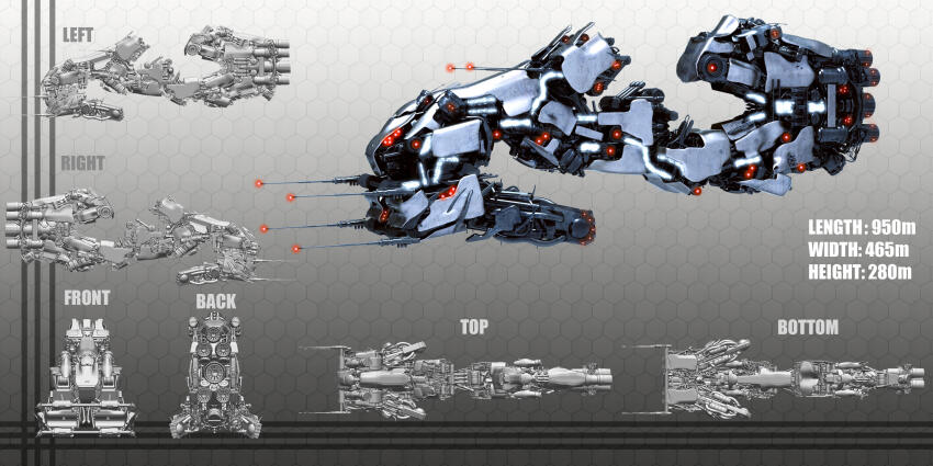 3d battleship_(eve_online) blueprint_(medium) caldari_state_(eve_online) commentary concept_art eve_online from_side glowing gradient_background grey_background grey_theme hexagon highres honeycomb_(pattern) honeycomb_background kiwi-the-one machinery military_vehicle multiple_views no_humans original radio_antenna science_fiction spacecraft spaceship thrusters vehicle_focus