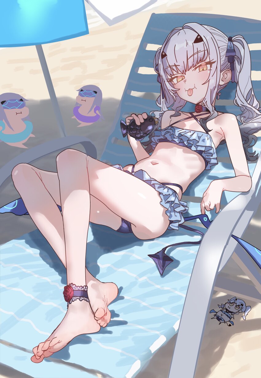 1girl absurdres bare_shoulders barefoot beach bikini black_bikini blush breasts chibi choker ebora fate/grand_order fate_(series) feet fish_bottle forked_eyebrows frilled_bikini frills highres knees_apart_feet_together legs long_hair looking_at_viewer melusine_(fate) sidelocks small_breasts smile soles solo_focus swimsuit tail toenails toes tongue tongue_out twintails white_hair yellow_eyes
