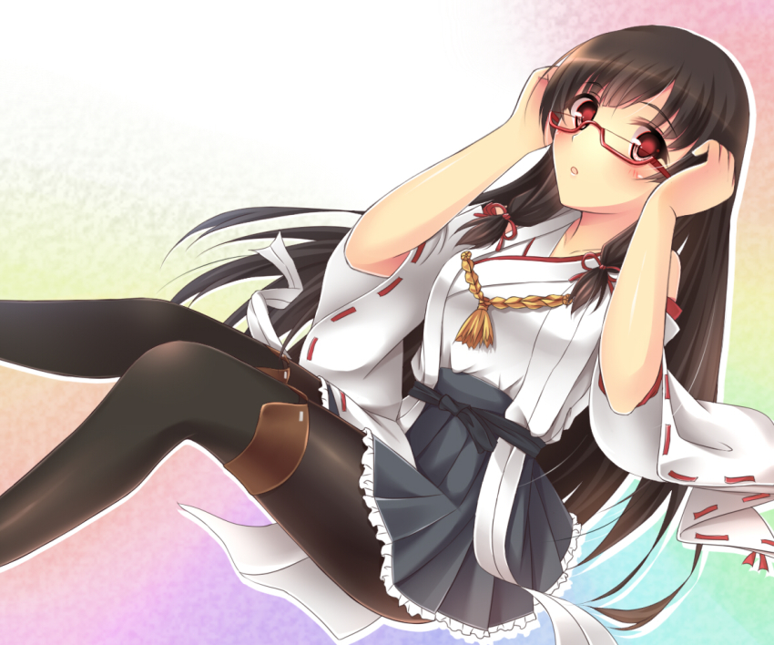 1girl black_hair cosplay detached_sleeves female_focus glasses isokaze_(kancolle) japanese_clothes kantai_collection kirishima_(kancolle) kirishima_(kancolle)_(cosplay) long_hair looking_at_viewer nontraditional_miko pantyhose red_eyes skirt solo zhou_yu_(ppaaqz1995)