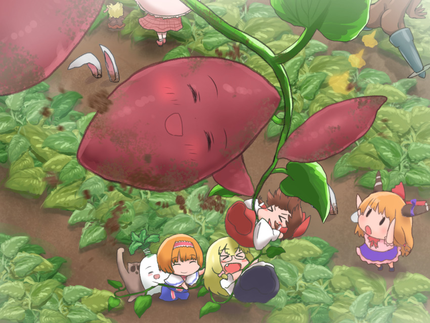 &gt;_&lt; 1boy 6+girls alice_margatroid animal_ears ass black_dress blonde_hair blue_dress bow brown_dress brown_hair capelet cookie_(touhou) dark-skinned_male dark_skin detached_sleeves dress fang food garbage_(cookie) garden glasses hakurei_reimu hinase_(cookie) hisui_(cookie) horn_bow horn_ornament horns ibuki_suika inmu-kun kazami_yuuka kirisame_marisa macota_(cookie) manatsu_no_yo_no_inmu medicine_melancholy mini_person minigirl multiple_girls orange_hair otemoto_(baaaaloooo) plaid_clothes plaid_skirt plant purple_bow purple_skirt rabbit_ears red_bow red_dress red_footwear red_skirt reisen_udongein_inaba reu_daikon sakenomi_(cookie) semi-rimless_eyewear shirt shoes skirt sleeveless sleeveless_dress sleeveless_shirt slow_loris sweet_potato textless_version touhou under-rim_eyewear uzuki_(cookie) white_capelet white_shirt white_sleeves yamin_(cookie)