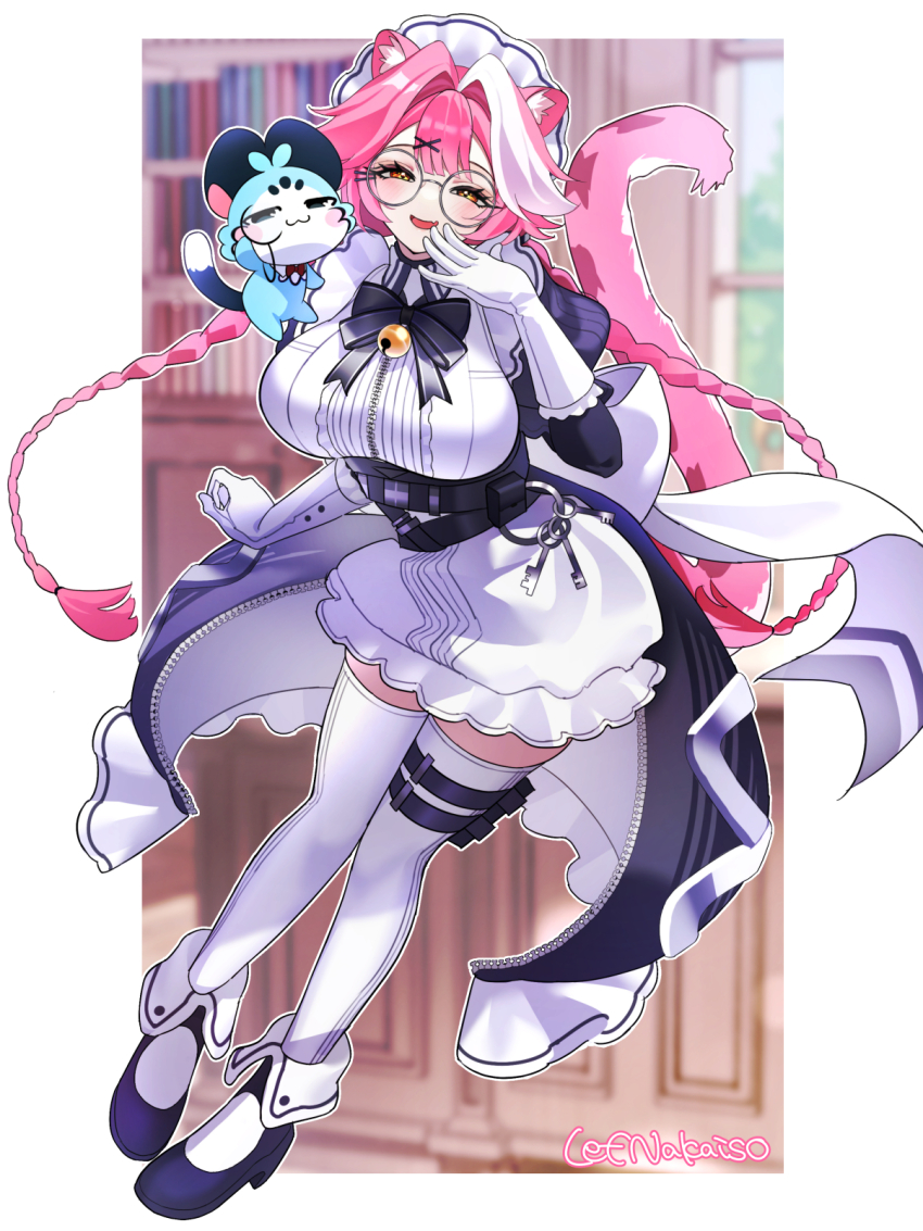 1girl alternate_costume alternate_hairstyle animal_ears apron bell bespectacled black_boots black_bow black_bowtie blush boots bow bowtie braid breasts chattino_(raora_panthera) commentary english_commentary fang fold-over_boots framed_breasts frilled_apron frilled_gloves frills glasses gloves highres hololive hololive_english indoors jingle_bell juliet_sleeves large_breasts lef_nakaiso library long_hair long_sleeves low_twin_braids low_twintails maid maid_apron maid_headdress making-of_available multicolored_hair neck_bell panther_ears panther_girl panther_tail pink_hair pouch puffy_sleeves raora_panthera round_eyewear skin_fang smug streaked_hair tail thigh_pouch thigh_strap thighhighs twin_braids twintails underbust virtual_youtuber white_apron white_gloves white_hair white_thighhighs yellow_eyes