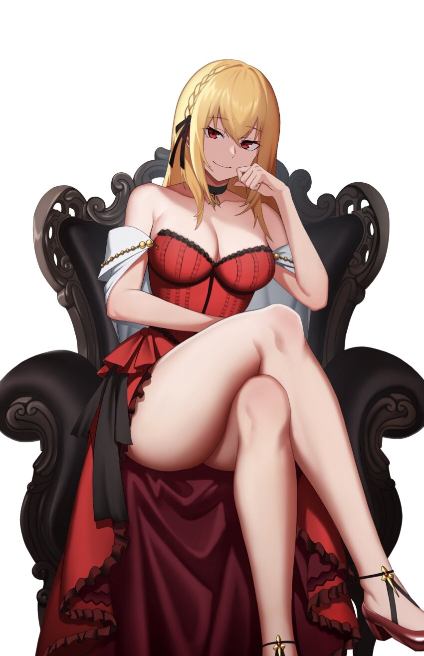 1girl absurdres azur_lane bare_shoulders black_choker black_ribbon blonde_hair braid breasts cero_(last2stage) choker cleavage closed_mouth crossed_legs dress foot_out_of_frame hair_ribbon highres king_george_v_(azur_lane) king_george_v_(rose&#039;s_regalia)_(azur_lane) large_breasts long_hair looking_at_viewer red_dress red_eyes ribbon simple_background sitting smile solo thighs white_background
