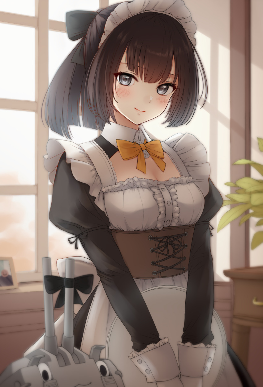 1girl absurdres akizuki_(kancolle) alternate_costume black_dress black_hair breasts chou-10cm-hou-chan cleavage cleavage_cutout clothing_cutout dress enmaided grey_eyes highres holding holding_tray juliet_sleeves kantai_collection long_hair long_sleeves looking_at_viewer maid medium_breasts nuka_(nvkka) ponytail puffy_sleeves smile solo tray