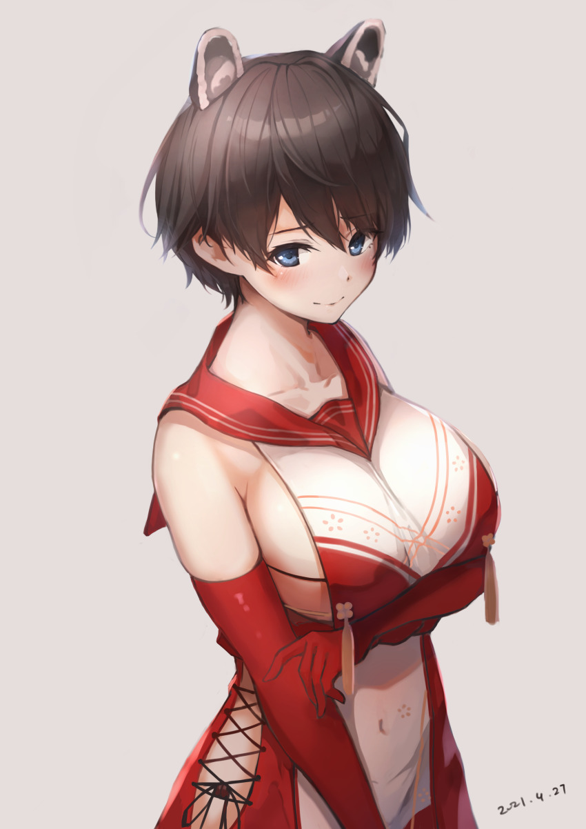 1girl absurdres animal_ears arm_under_breasts blue_archive blue_eyes breasts brown_hair covered_navel cowboy_shot dated elbow_gloves extra_ears gloves grey_background hair_between_eyes highres large_breasts looking_at_viewer no_halo puton_(jko1598) raccoon_ears raccoon_girl red_gloves red_sailor_collar sailor_collar short_hair sideboob sideless_outfit simple_background sleeveless smile solo tassel tsubaki_(blue_archive)