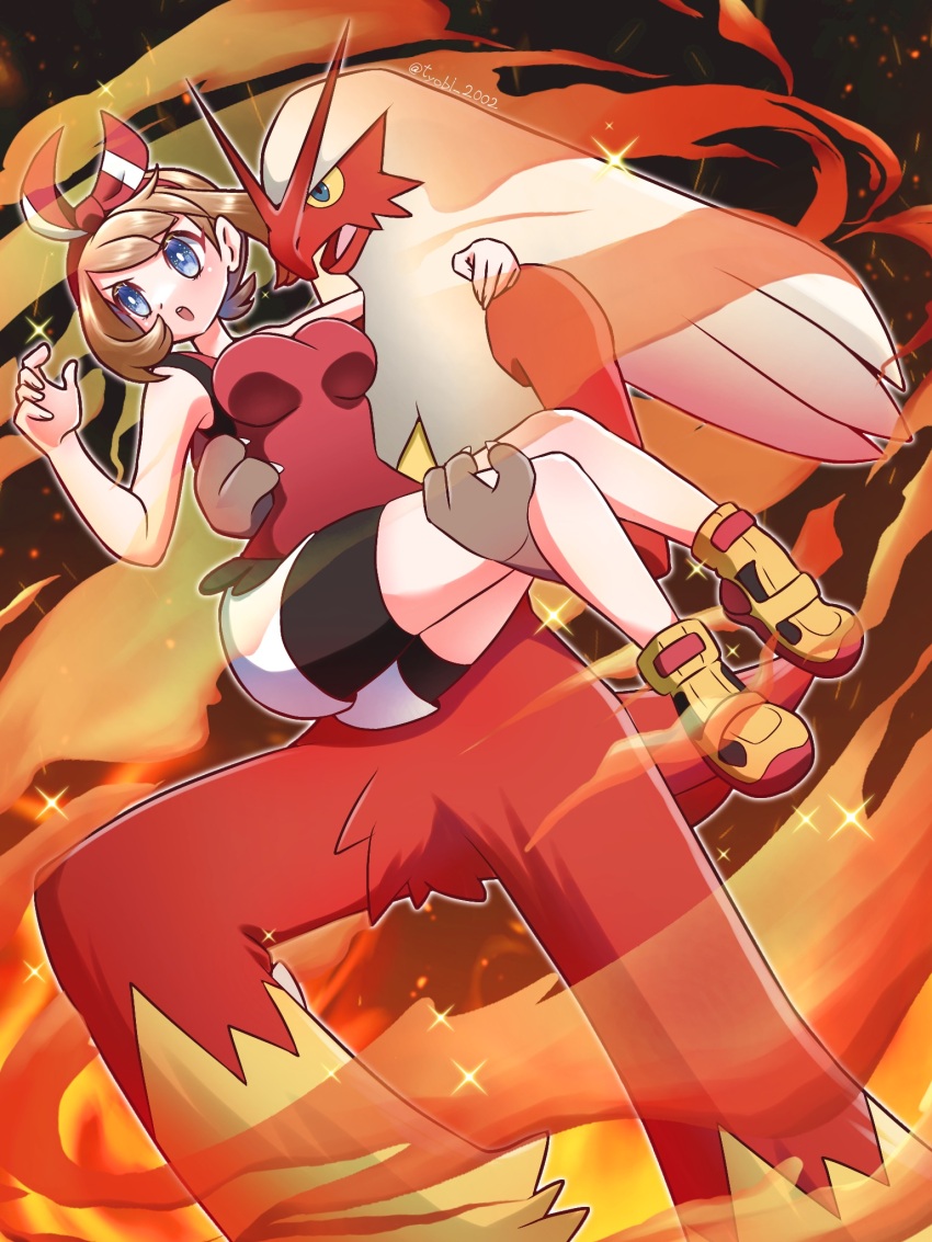 1girl bike_shorts black_shorts blaziken blue_eyes bow breasts brown_hair carrying commentary_request fire full_body gen_3_pokemon hair_bow highres may_(pokemon) medium_breasts nintendo open_mouth pokemon pokemon_(creature) pokemon_oras princess_carry red_bow red_shirt shirt shoes shorts sleeveless sleeveless_shirt twitter_username tyobi_2002 yellow_shoes