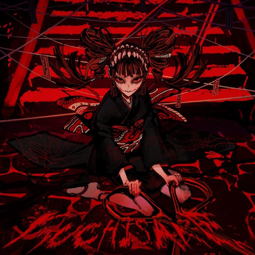 1girl black_hair black_hairband black_kimono blood blood_on_ground blood_splatter blood_writing closed_mouth drill_hair earrings eldritch_abomination hairband highres holding holding_scissors japanese_clothes jewelry kasane_teto kimono kuchisake-onna kuchisake_(synthesizer_v) long_hair long_sleeves looking_at_viewer multicolored_hair obi odori_(kyuu_saku) ofuda on_ground oversized_object red_eyes red_sash red_theme sash scissors second-party_source sitting solo song_name stairs string twin_drills two-tone_hair utau wariza