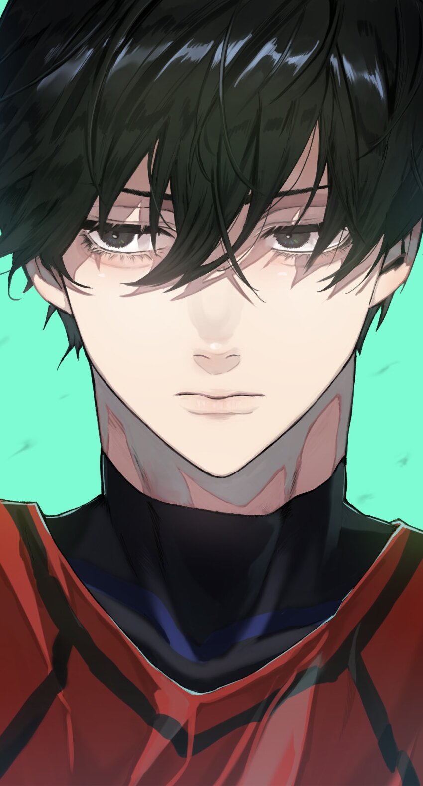 1boy aqua_background black_eyes black_hair black_shirt blue_lock closed_mouth hair_between_eyes highres itoshi_rin male_focus naka_(58hrprtr) portrait red_vest shirt short_hair simple_background soccer_uniform solo sportswear vest