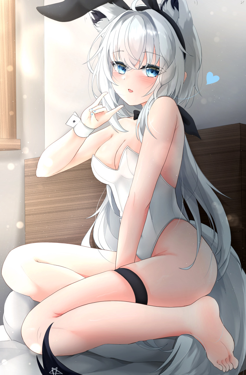 1girl absurdres ahoge animal_ear_fluff animal_ears barefoot bed between_legs black_bow blush bow braid breasts cleavage commentary_request detached_collar earrings extra_ears fake_animal_ears feet fox_ears fox_girl fox_shadow_puppet fox_tail green_eyes hair_between_eyes hair_bow hand_between_legs highres hololive jewelry leotard long_hair looking_at_viewer medium_breasts open_mouth original pentagram playboy_bunny rabbit_ears shirakami_fubuki sidelocks single_braid sitting soles solo st-147 tail thigh_strap virtual_youtuber white_hair white_leotard wrist_cuffs