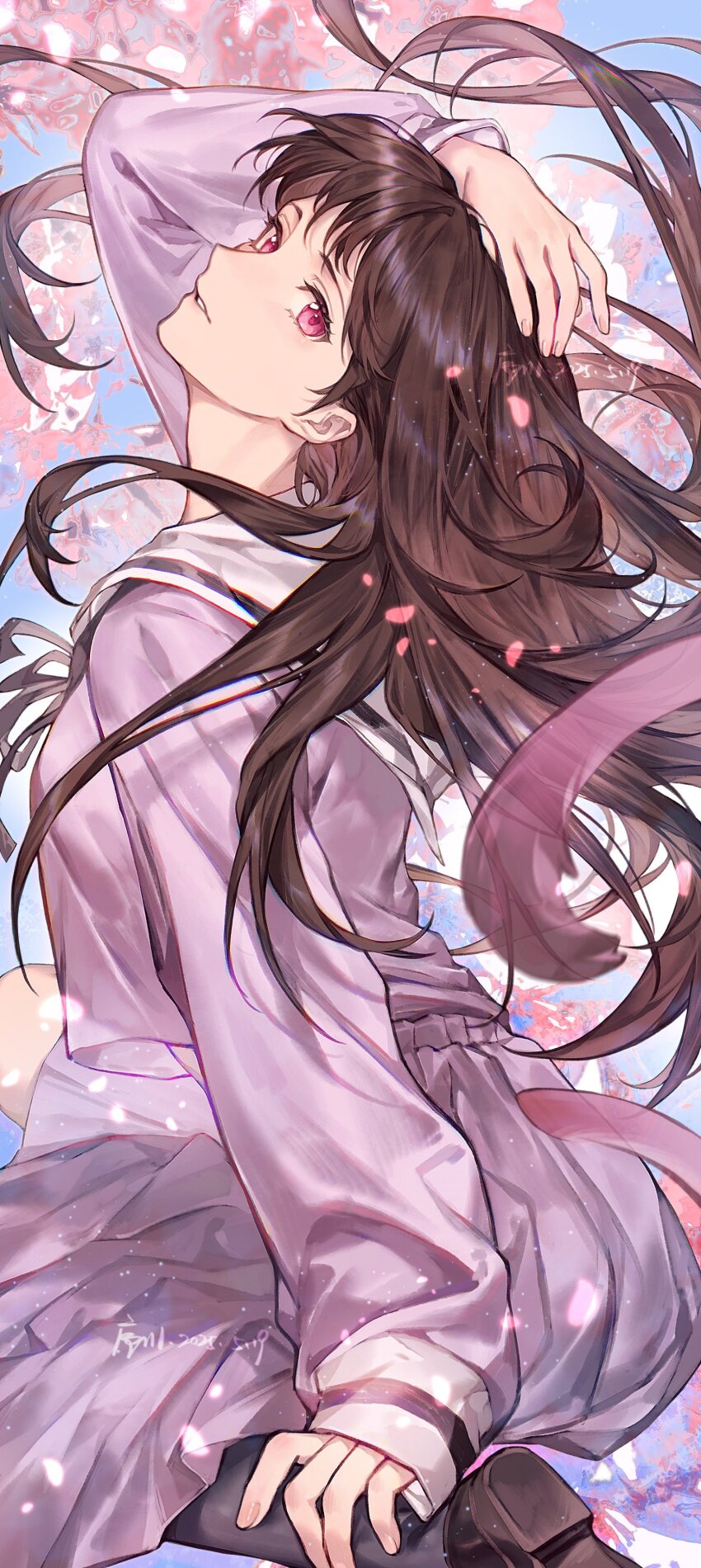1girl absurdres arm_up artist_name black_pantyhose brown_hair brown_ribbon commentary_request dated falling_petals hair_spread_out hand_on_own_ankle hand_on_own_head highres iki_hiyori long_hair long_sleeves looking_at_viewer neck_ribbon noragami pantyhose parted_lips petals pink_serafuku pink_shirt pink_skirt red_eyes ribbon sailor_collar sailor_shirt school_uniform serafuku shirt skirt solo tail white_sailor_collar xuchuan