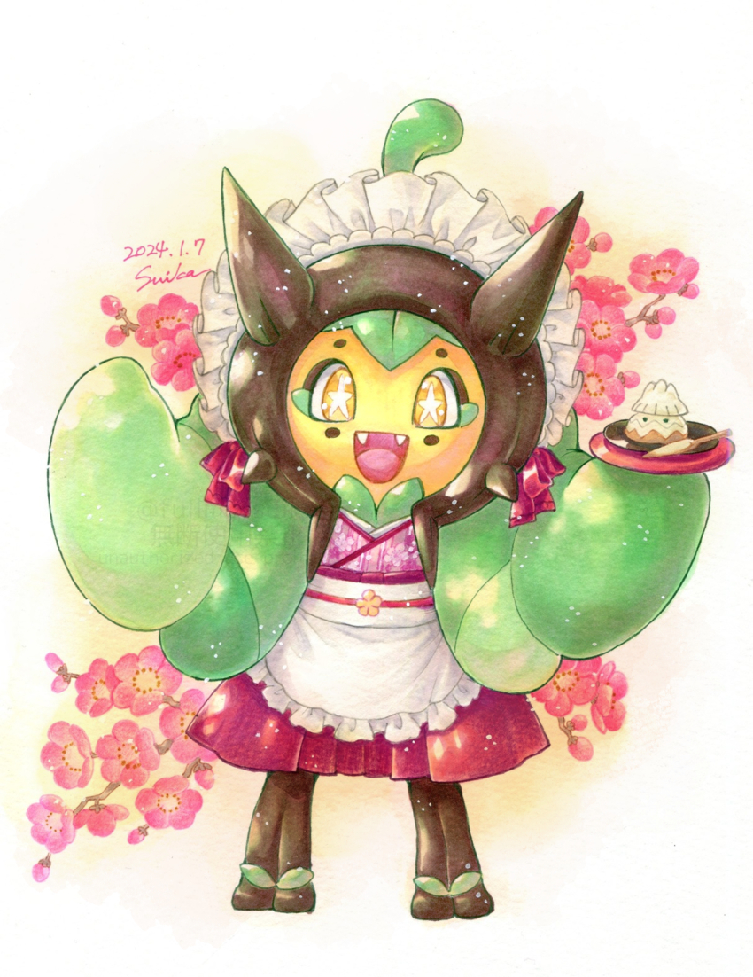 1girl apron artist_name black_skin bright_pupils clothed_pokemon colored_skin dated fangs female_focus flat_chest floral_print floral_print_kimono flower food foodification frilled_apron frills full_body fullmofsuika game_freak gen_4_pokemon green_hair hakama hands_up happy highres holding holding_food holding_plate japanese_clothes kimono maid maid_headdress multicolored_skin nintendo ogerpon open_mouth orange_eyes orange_skin pink_kimono plate pokemon pokemon_(creature) print_kimono red_flower red_hakama short_hair signature smile snover solo spikes standing star-shaped_pupils star_(symbol) straight-on symbol-shaped_pupils twitter_username two-tone_skin waist_apron watermark white_apron white_pupils