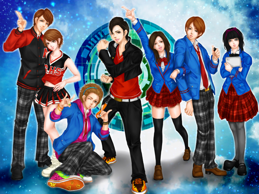 3girls 4boys bad_id bad_pixiv_id black_legwear daimonji_shun highres ipad jk_(kamen_rider_fourze) joujima_yuuki kamen_rider kamen_rider_fourze_(series) kazashiro_miu kisaragi_gentaro kisaragi_gentarou multiple_boys multiple_girls nozama_tomoko pants pantyhose plaid_clothes plaid_pants plaid_skirt sana_(kis4u) school_uniform skirt tablet_pc thighhighs utahoshi_kengo