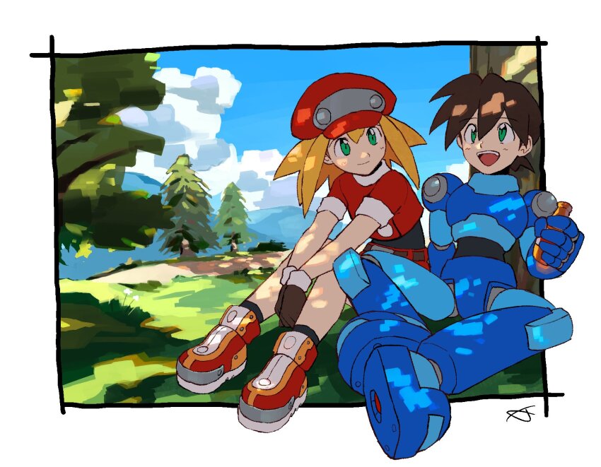 1boy 1girl against_tree armor blonde_hair blue_armor blurry blurry_background bottle brown_hair newsboy_cap cloud cropped_jacket full_body green_eyes hat highres holding holding_bottle jacket karen_(karenoni1031) looking_at_another looking_up medium_hair mega_man_(series) mega_man_legends_(series) mega_man_volnutt nature red_hat red_jacket red_shorts roll_caskett_(mega_man) short_hair shorts sitting sky tree