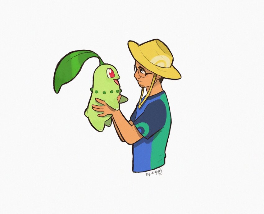 1boy artist_name blue_shirt chikorita colored_skin from_side gen_2_pokemon glasses green_shirt green_skin hat highres holding holding_pokemon leaf looking_at_another multicolored_shirt nintendo open_mouth pokemon pokemon_(creature) red_eyes shirt short_sleeves signature simple_background squeegool upper_body white_background yellow_hat