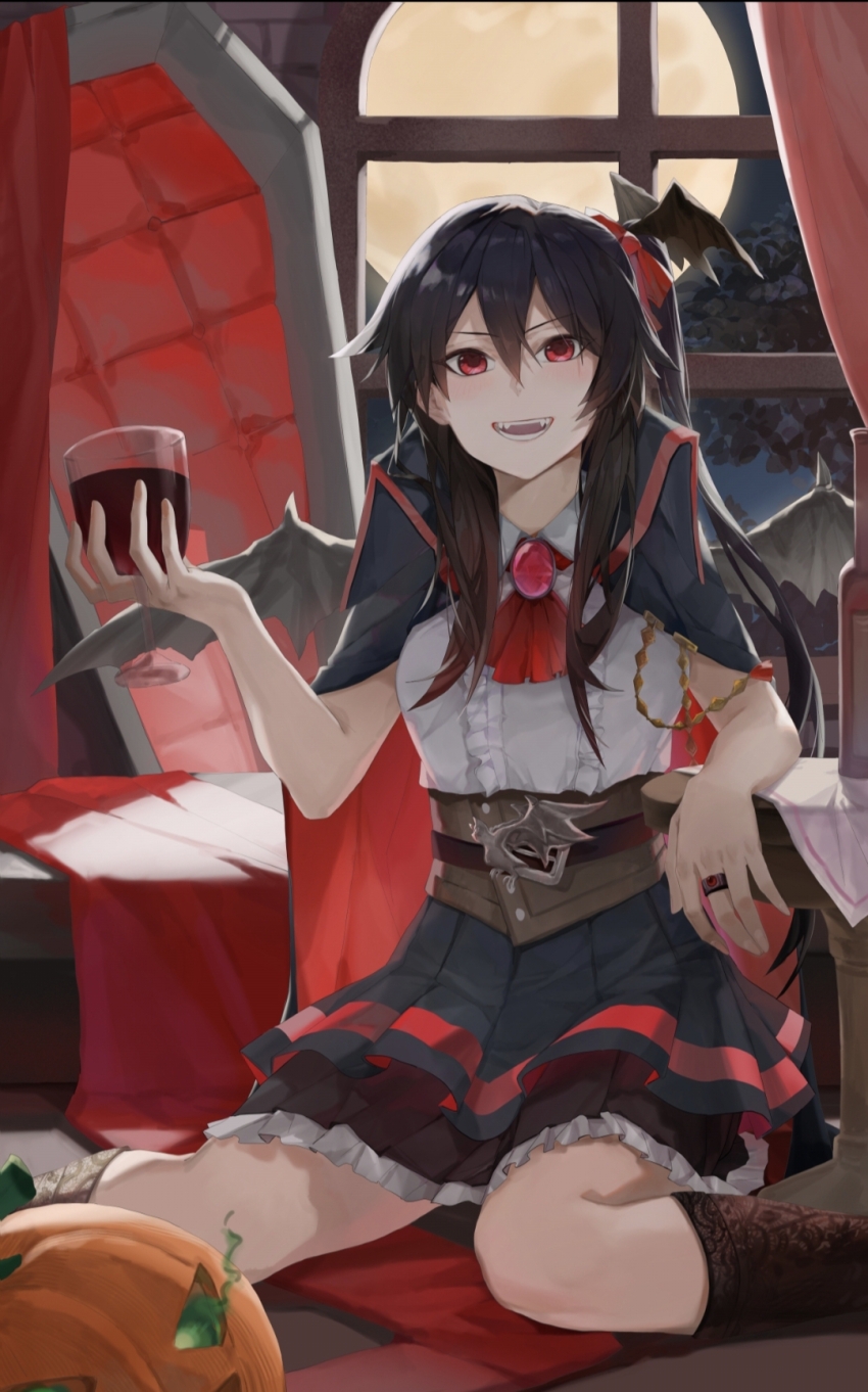 1girl bambietta_basterbine bat_wings black_hair bleach bleach:_sennen_kessen-hen boots breasts cape coffee cup deadman70232800 drinking_glass hair_ornament halloween halloween_costume highres indoors knee_boots long_hair looking_at_viewer moon night pumpkin quincy_(bleach) red_eyes sitting skirt small_breasts sternritter vampire_costume window wings