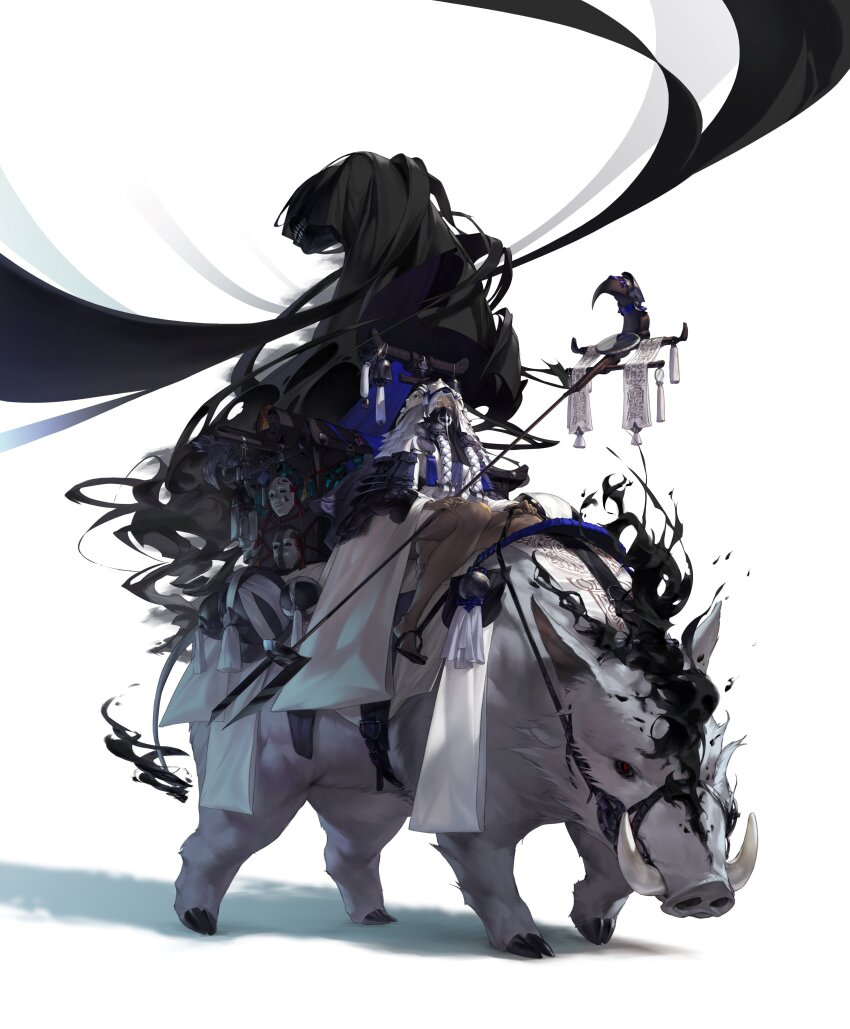 1girl absurdres animal bell black_fire boar dark-skinned_female dark_skin fire flame-tipped_tail highres holding holding_staff mask mask_on_head mouth_veil ofuda original oversized_animal riding riding_animal staff tagme tail talisman veil wawa white_background white_hair