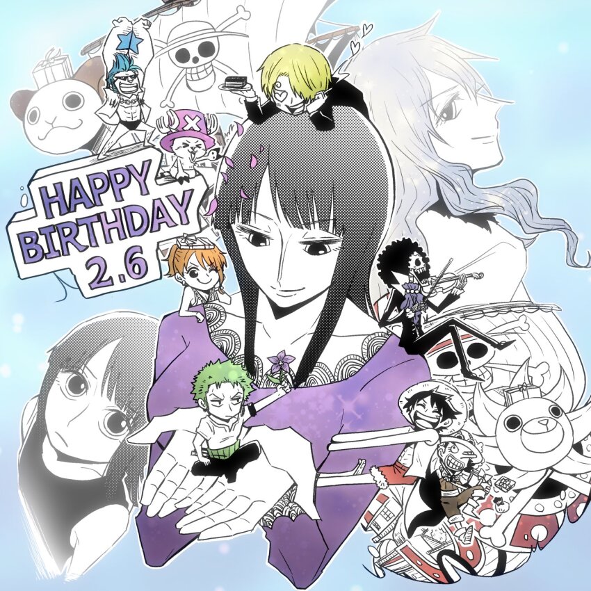 3girls 6+boys afro antlers ascot blonde_hair blue_background blue_hair blunt_bangs boat box chiromemof commentary_request cross curly_eyebrows dated dress flower franky_(one_piece) garlic gift gift_box going_merry green_hair hair_over_one_eye happy_birthday haramaki hat heart heart-shaped_pupils highres holding holding_flower holding_instrument holding_violin horns instrument jolly_roger long_nose long_sleeves medium_hair monkey_d._luffy mother_and_daughter multiple_boys multiple_girls nami_(one_piece) nami_(one_piece)_(thriller_bark) nico_olvia nico_robin nico_robin_(thriller_bark) on_head on_shoulder one_eye_closed one_piece orange_hair petals pink_hat pink_petals pompadour ponytail purple_dress reindeer_antlers roronoa_zoro sanji_(one_piece) simple_background skeleton smile straw_hat_pirates straw_hats_jolly_roger symbol-shaped_pupils thousand_sunny tony_tony_chopper usopp usopp_(thriller_bark) violin watercraft