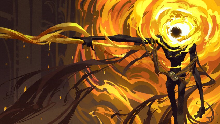 1boy 1girl absurdres commentary dripping elden_ring elden_ring:_shadow_of_the_erdtree emaciated english_commentary fire flaming_head highres holding holding_knife holding_polearm holding_weapon hug jeremy_anninos knife midra_lord_of_frenzied_flame nanaya_(elden_ring) outstretched_arm polearm smoke standing torn_clothes weapon when_you_see_it