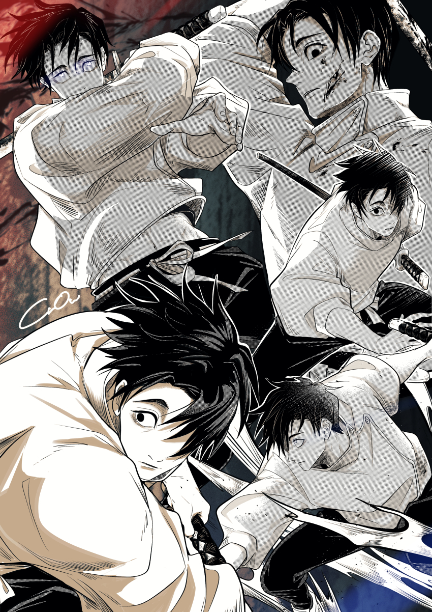 1boy absurdres belt black_eyes black_hair black_pants blood blood_on_clothes blood_on_face buttons closed_mouth hair_over_one_eye hayate_aki highres holding holding_sword holding_weapon imminent_attack jacket jujutsu_kaisen jujutsu_tech_uniform katana long_sleeves looking_at_viewer looking_down looking_to_the_side looking_up male_focus monochrome okkotsu_yuuta pants school_uniform serious short_hair solo sword weapon white_belt white_jacket