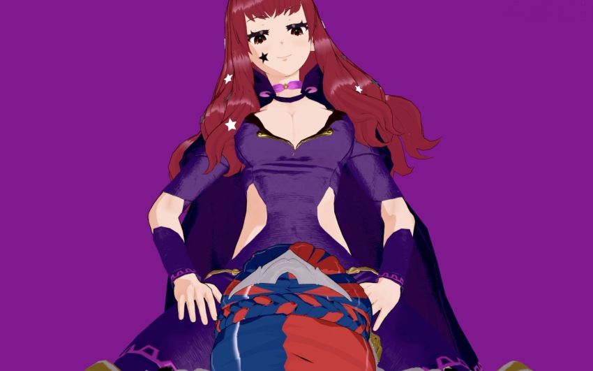 closed_mouth female_alear_(fire_emblem) highres medium_hair non-web_source purple_background yunaka_(fire_emblem) yuri