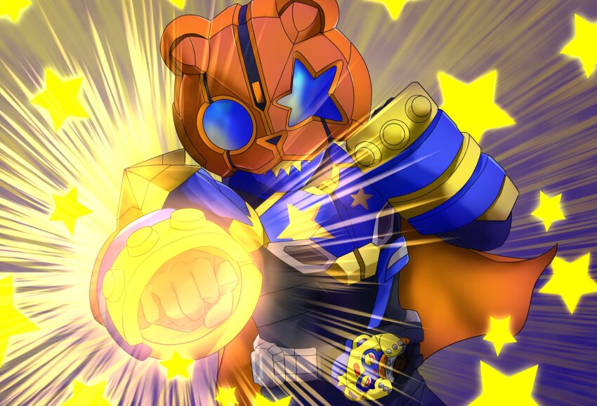 1boy arm_up armor bear bear_head black_armor black_bodysuit black_footwear blue_eyes bodysuit cape desire_driver rider_belt finishing_move gauntlets gloves glowing_fist highres incoming_attack jack-o&#039;-lantern kamen_rider kamen_rider_geats_(series) kamen_rider_punkjack male_focus miyabi_(037) monster_buckle orange_cape rider_belt solo spread_legs star_(symbol) tokusatsu