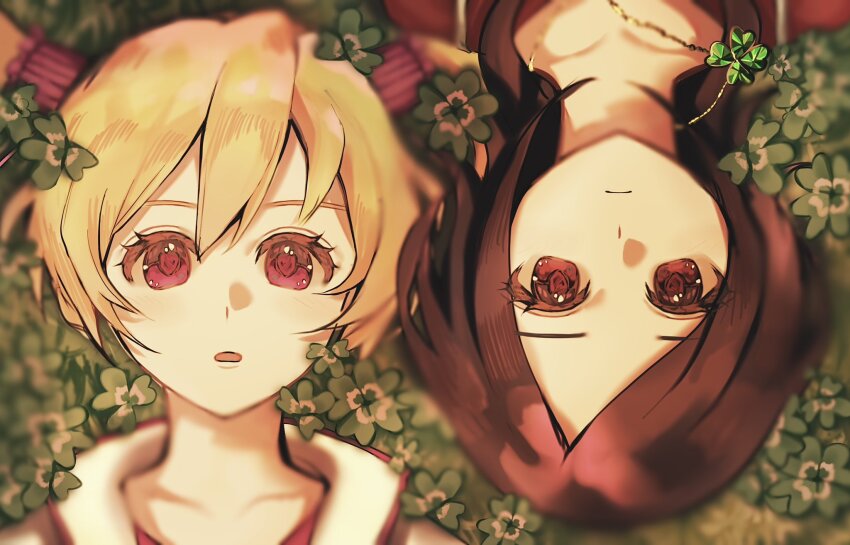 2girls black_hair blonde_hair closed_mouth clover collared_jacket expressionless eyelashes four-leaf_clover four-leaf_clover_necklace fresh_precure! frilled_hair_tubes frills hair_between_eyes hair_tubes higashi_setsuna highres jacket light_blush long_hair looking_at_viewer lying mer_(zo_no_00) momozono_love multiple_girls on_back on_ground open_mouth outdoors pink_eyes pink_shirt precure red_eyes red_shirt shade shirt straight-on sunset tareme twintails upper_body upside-down white_jacket