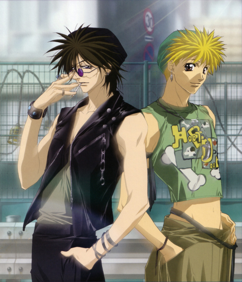 amano_ginji black_hair blonde_hair brown_eyes cigarette getbackers highres male_focus midou_ban nakajima_atsuko purple_eyes sunglasses