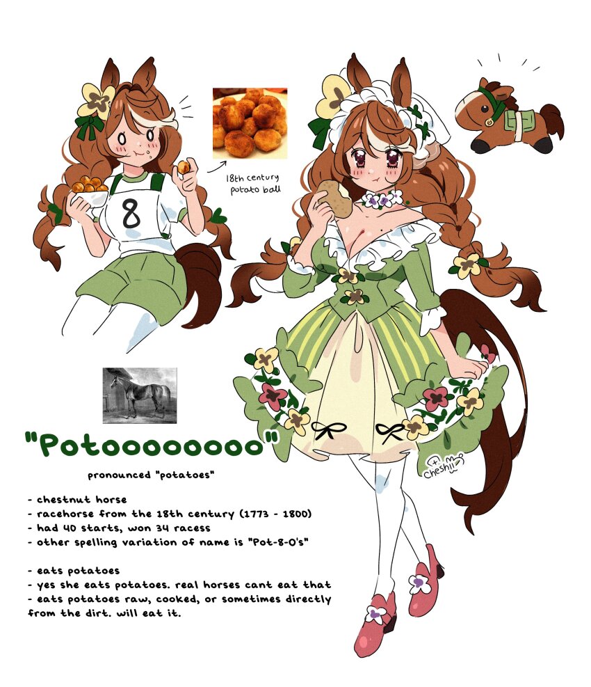 1girl absurdres animal_ears blush braid brown_eyes brown_hair cheshirette closed_mouth commentary english_commentary english_text green_shorts hairband highres holding_potato horse_ears horse_girl horse_tail lolita_hairband long_hair looking_at_viewer low_twin_braids multicolored_hair multiple_views original pantyhose pink_shoes potato potoooooooo_(racehorse) real_life shoes shorts simple_background streaked_hair tail twin_braids umamusume white_background white_pantyhose