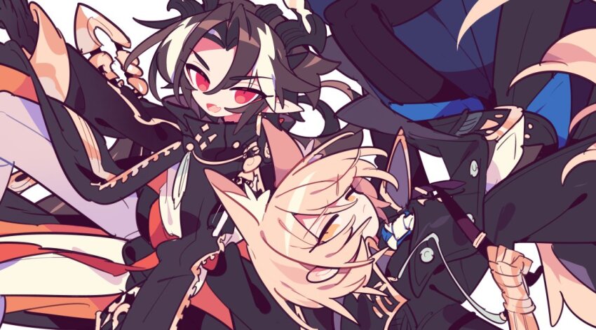 2boys animal_ears arknights black_coat black_pants blonde_hair blue_shirt brown_hair chongyue_(arknights) coat commentary dragon_horns frown gauntlets horns horse_boy horse_ears horse_tail long_hair looking_at_viewer male_focus mlynar_(arknights) multicolored_hair multiple_boys necktie open_mouth pants pointy_ears red_eyes shirt short_hair simple_background smile streaked_hair symbol-only_commentary tail upside-down white_background white_hair white_necktie white_pants yellow_eyes ym_dpl