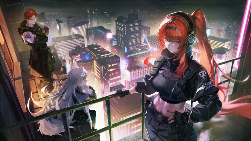 1boy 2girls animal_ears black_gloves black_headband black_pants black_shirt black_shrug breasts city closed_mouth commentary daniel_deng english_commentary fingerless_gloves fox_ears gloves hand_on_own_hip headband headphones jacket large_breasts long_hair midriff multiple_girls navel night night_sky no._21_(pgr) noctis_(pgr) outdoors pants ponytail punishing:_gray_raven red_hair shirt short_hair shoulder_tattoo shrug_(clothing) sidelocks sitting sky smile tattoo vera_(pgr) very_long_hair white_hair white_jacket