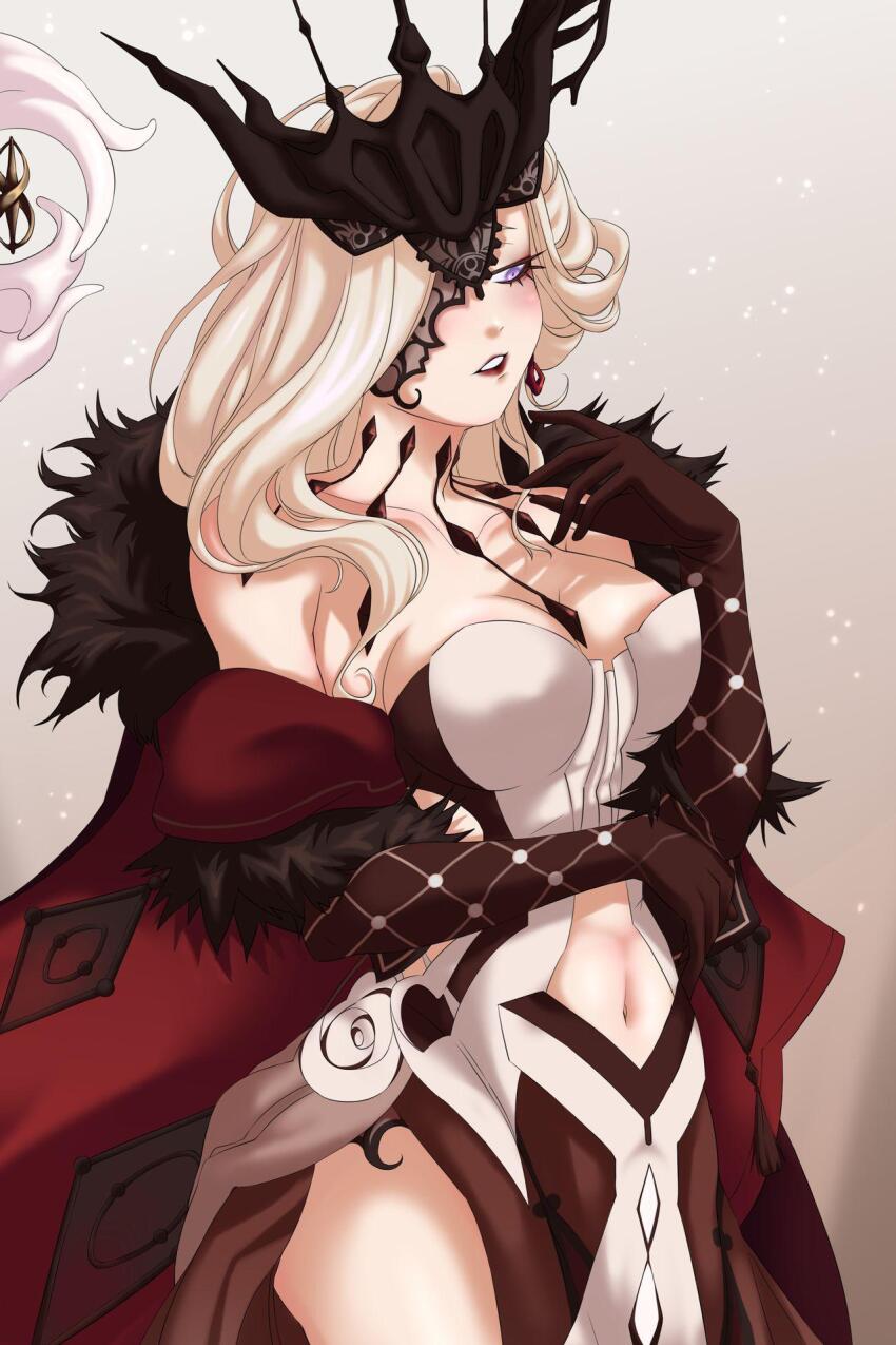 1girl bare_shoulders black_gloves black_mask blonde_hair blue_eyes breasts butterfly_mask cleavage delusion_(genshin_impact) dress earrings elbow_gloves friedroaches fur_trim genshin_impact gloves half_mask highres jewelry lace-trimmed_eyepatch large_breasts long_hair mask mask_over_one_eye one_eye_covered red_lips signora_(genshin_impact) single_earring smile solo strapless strapless_dress studded_gloves third-party_source upper_body