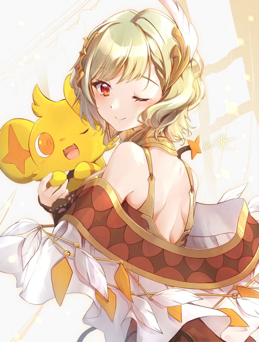 :d alternate_color back blonde_hair citrinne_(fire_emblem) clear_glass_(mildmild1311) closed_mouth commentary_request crossover fangs feather_hair_ornament feathers fire_emblem fire_emblem_engage gen_4_pokemon hair_ornament highres holding holding_pokemon nintendo one_eye_closed open_mouth orange_eyes orange_pupils pokemon pokemon_(creature) red_eyes shinx shiny_pokemon smile yellow_fur