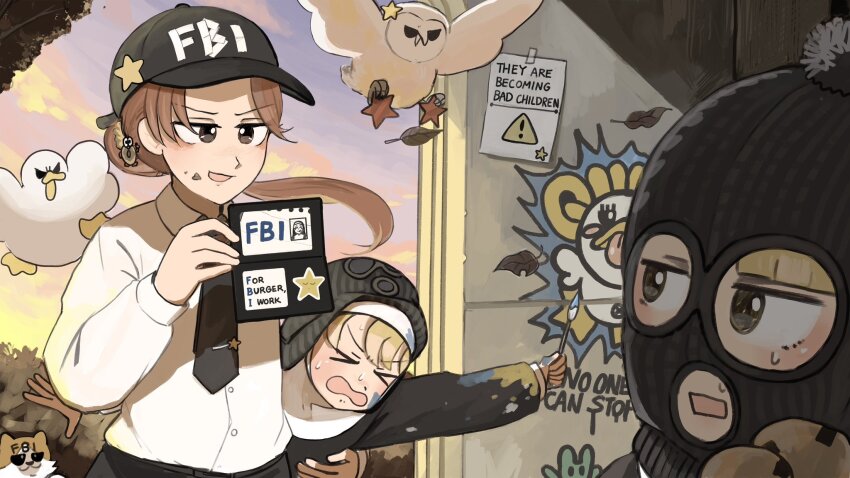 3girls balaclava baseball_cap bird black_hat black_necktie blonde_hair brown_eyes brown_hair cat chicken chocolate_chip_cookie clumsy_nun_(diva) commentary cookie dirty dirty_clothes diva_(hyxpk) donut_hair_ornament duck english_commentary fbi food food-themed_hair_ornament graffiti habit hair_ornament hat highres hungry_nun_(diva) little_nuns_(diva) long_hair multiple_girls necktie nun owl ponytail shirt slice_of_life spicy_nun_(diva) star_ornament traditional_nun white_shirt yellow_eyes