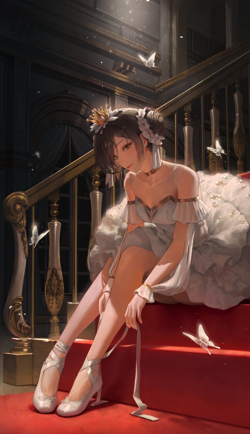 1girl absurdres ankle_strap ballerina ballet_slippers bangsom bare_shoulders black_hair brown_eyes bug butterfly closed_mouth collarbone crown dress gold_choker gold_trim hair_bun hair_ornament hair_scrunchie handrail highres indoors insect mini_crown on_stairs original red_carpet red_lips scrunchie sitting sitting_on_stairs solo stairs strapless strapless_dress tutu white_dress white_footwear white_scrunchie