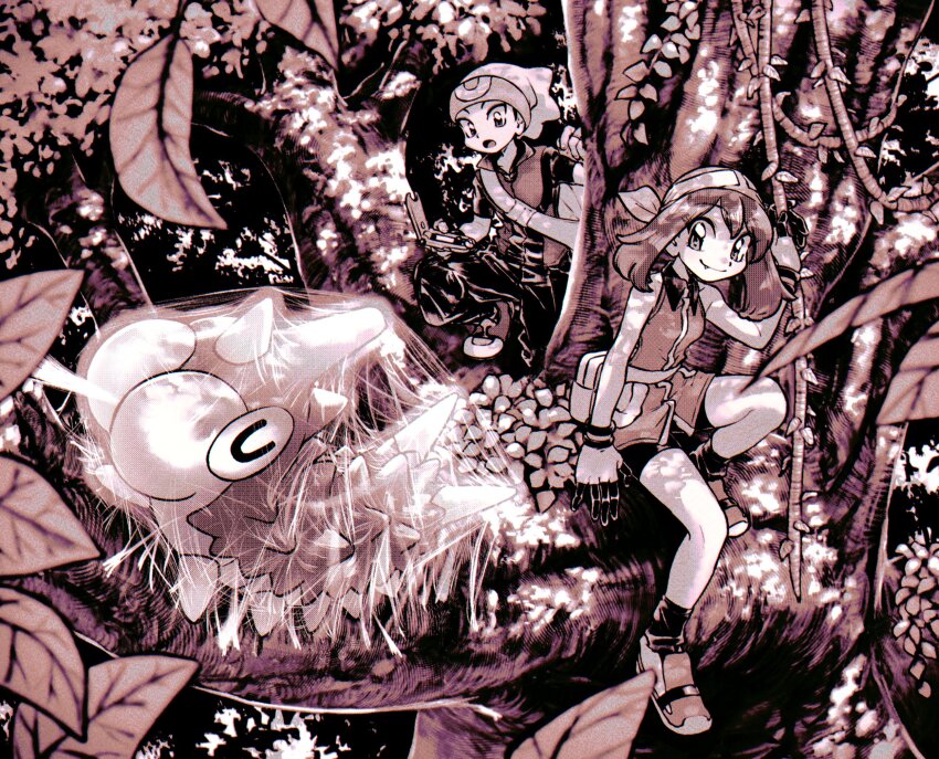 1boy 1girl bandana beanie bike_shorts black_pants black_shorts brendan_(pokemon) bug caterpillar closed_eyes cocoon collared_shirt encasement fang fang_out fanny_pack forest funabara_(sksn_herb) game_freak gen_3_pokemon gloves hat highres holding_pokedex horns in_tree larva leaf looking_at_another may_(pokemon) monochrome nature nintendo open_mouth outdoors pants plant pokedex pokemon pokemon_(creature) pokemon_adventures shirt short_hair shorts silk single_horn sitting sitting_in_tree sleeveless sleeveless_shirt smile tree u_u vines white_gloves white_hat wurmple