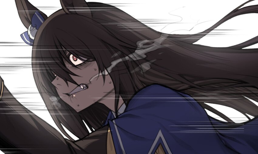 1girl animal_ears biting_own_lip black_hair blue_bow bow breath clenched_teeth commentary deep_impact_(umamusume) ear_bow fukuro_(maruaru00) hair_between_eyes highres horse_ears horse_girl long_hair motion_lines red_eyes ringed_eyes running solo speed_lines teeth umamusume visible_air