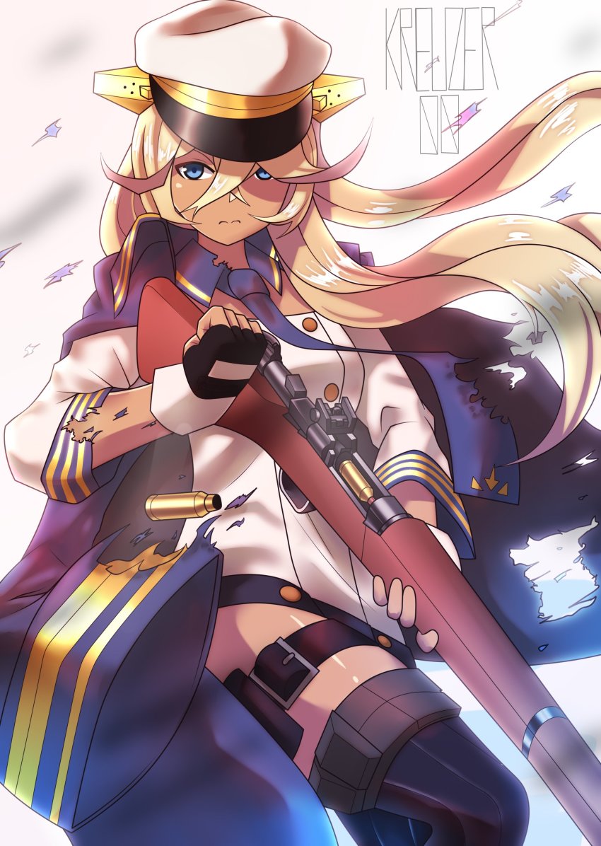 1girl absurdres azur_lane black_gloves black_thighhighs blonde_hair blue_eyes bolt_action breasts closed_mouth commentary dark-skinned_female dark_skin dress english_commentary female_focus fingerless_gloves gloves gradient_background gun hair_between_eyes hat highres holding holding_gun holding_weapon kreuzer_00 long_hair m1903_springfield m1917_enfield medium_breasts necktie peaked_cap rifle simple_background solo tennessee_(azur_lane) thigh_strap thighhighs weapon