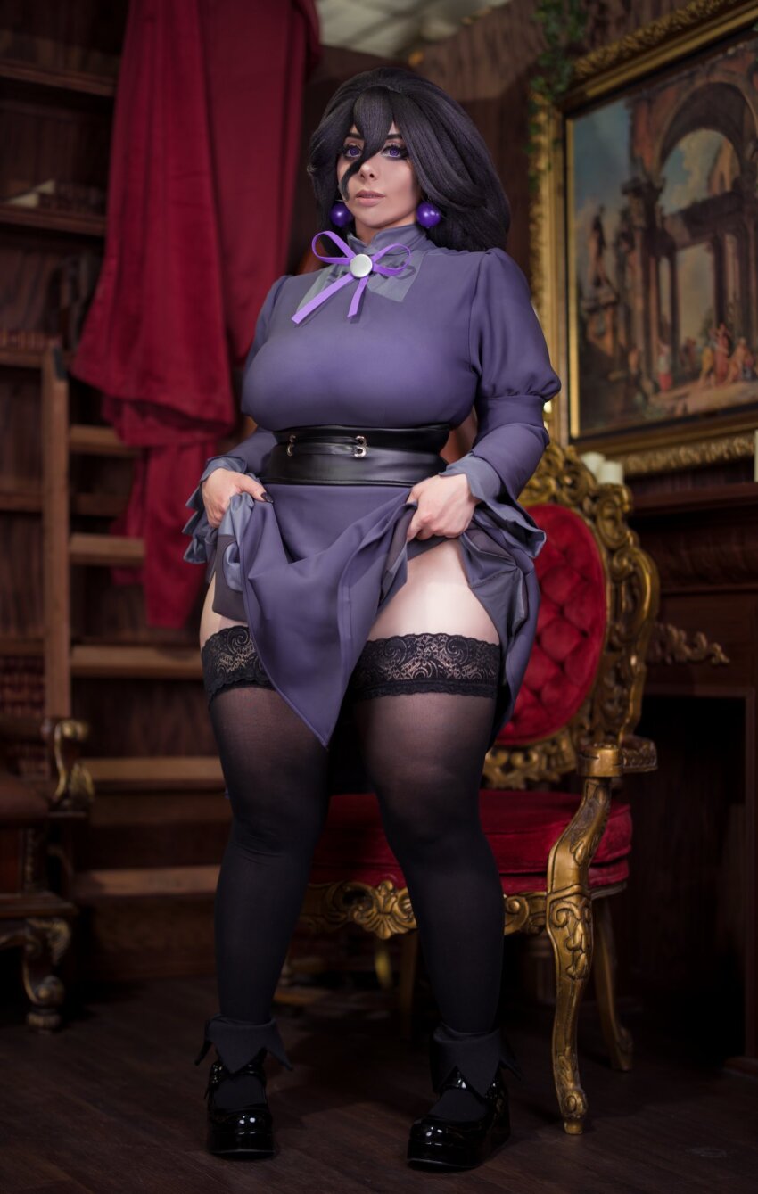 1girl bad_tag ball_earrings black_shoes black_thighhighs breasts clothes_lift corset curvy dress earrings female_focus full_body hair_between_eyes helmet hex_maniac_(pokemon) hex_maniac_(pokemon_legends:_z-a) highres indoors jewelry large_breasts long_hair matching_hair/eyes momokun_cosplay nintendo photo_(medium) pokemon pokemon_legends:_z-a purple_dress purple_eyes purple_hair shoes skirt skirt_lift solo standing thick_thighs thighhighs thighs