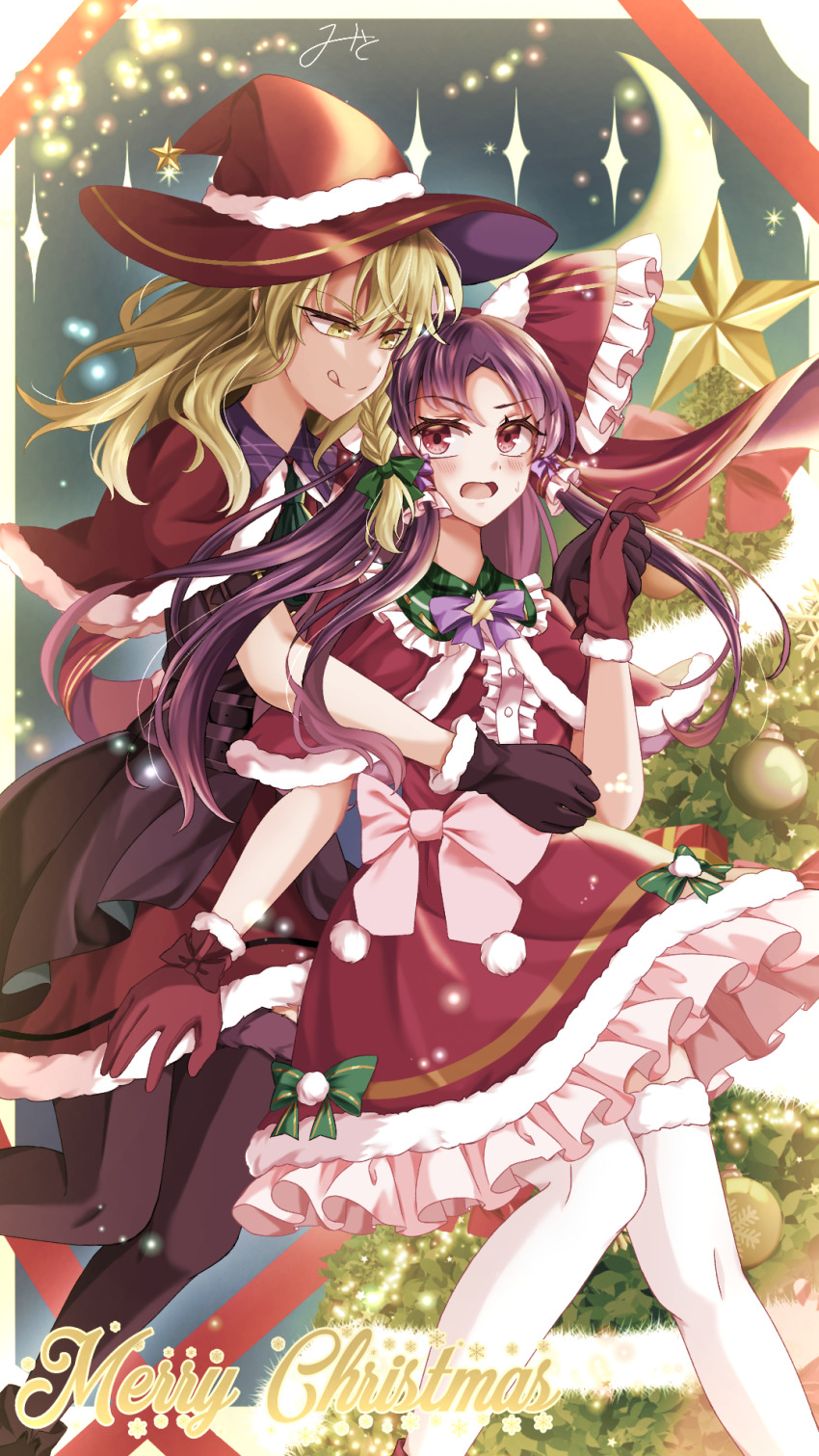 2girls :q alternate_costume alternate_headwear_color black_dress black_gloves black_thighhighs blonde_hair blush bow braid brown_hair capelet christmas christmas_tree closed_mouth commentary_request dress dress_bow frilled_bow frilled_hair_tubes frills fur-trimmed_capelet fur-trimmed_gloves fur-trimmed_thighhighs fur_trim glove_bow gloves green_bow hair_bow hair_tubes hakurei_reimu hat highres holding_hands kirisame_marisa long_hair merry_christmas mito_(fate) multiple_girls open_mouth pink_bow red_bow red_capelet red_dress red_eyes red_gloves red_hat short_sleeves side_braid signature single_braid star_(symbol) sweatdrop thighhighs tongue tongue_out touhou tree white_thighhighs witch_hat yellow_eyes yuri