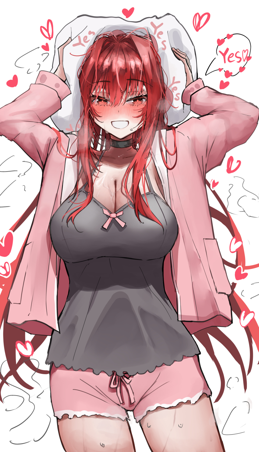 1girl absurdres arms_up babydoll blush breasts choker cleavage collarbone cowboy_shot goddess_of_victory:_nikke highres iwazaki jacket large_breasts long_hair matching_hair/eyes open_mouth pillow pink_jacket pink_shorts rapi_(nikke) rapi_(red_hood)_(cherished_red)_(nikke) rapi_(red_hood)_(nikke) red_eyes red_hair shorts smile solo speech_bubble standing steaming_body sweat wet wet_hair yes-no_pillow