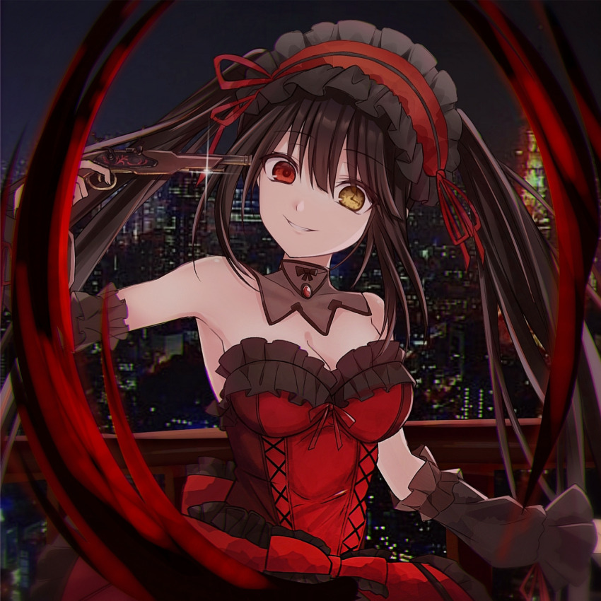 1girl antique_firearm bare_shoulders black_hair breasts city cleavage date_a_live date_a_live:_date_a_bullet detached_collar detached_sleeves dress firearm firelock flintlock frilled_dress frilled_hairband frills grin gun hairband handgun head_tilt heterochromia highres holding holding_gun holding_weapon large_breasts looking_at_viewer red_dress red_eyes red_hairband red_ribbon ribbon saint_laurent_paris smile solo strapless strapless_dress tokisaki_kurumi twintails upper_body weapon yellow_eyes