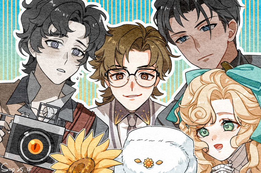 1girl 4boys :d aqua_eyes avgust_(reverse:1999) bandaged_hand bandaged_neck bandages black_hair blue_background bow bright_pupils brown_eyes brown_hair camera click_(reverse:1999) collared_shirt flower flying_sweatdrops freckles glasses grey_eyes grey_jacket grey_vest hair_bow hat holding holding_camera horropedia j_(reverse:1999) jacket long_hair looking_at_viewer lorelei_(reverse:1999) multiple_boys open_mouth pale_skin paper_texture parted_lips reverse:1999 shirt short_hair smile sop_(sopdraws) striped_background sunflower upper_body ushanka vest white_hat white_pupils white_shirt yellow_flower