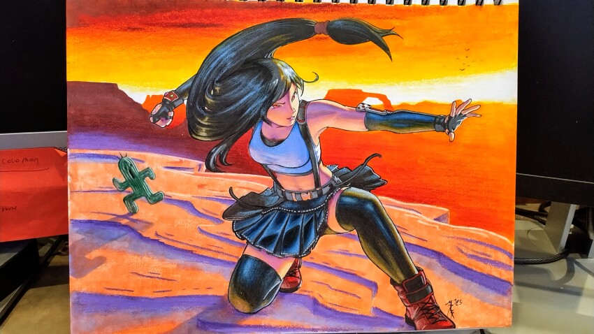 1girl absurdres bare_shoulders belt black_hair black_skirt boots braces breasts clenched_hand commentary crop_top elbow_gloves english_commentary facebook_username fighting_stance final_fantasy final_fantasy_vii final_fantasy_vii_remake fingerless_gloves gloves highres long_hair looking_at_another looking_to_the_side marquis_devon_burgess medium_breasts midriff miniskirt navel on_one_knee orange_sky outdoors outstretched_hand photo_(medium) sabotender sidelocks simple_background sketchbook skirt sky solo sunset tank_top thighhighs tifa_lockhart traditional_media utility_belt white_background