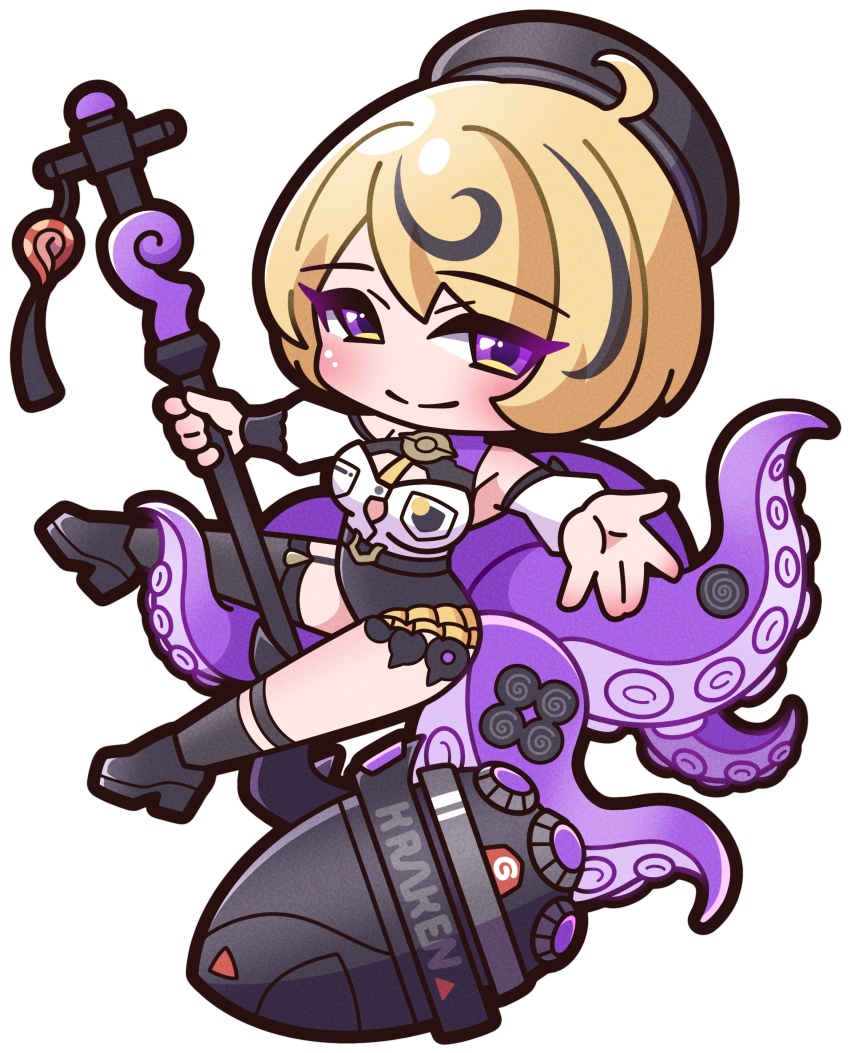 1girl absurdres ahoge bare_shoulders beret black_hair black_hat black_leotard black_shoes black_socks black_thighhighs blonde_hair breasts chibi closed_mouth commentary_request detached_sleeves full_body garter_straps hat highres leotard long_sleeves looking_at_viewer medium_breasts multicolored_hair outstretched_arm puffy_long_sleeves puffy_sleeves purple_eyes saishosaisekojo shoes simple_background single_sock single_thighhigh smile socks solo streaked_hair suction_cups tentacles thighhighs white_background white_sleeves yidhari_murphy zenless_zone_zero