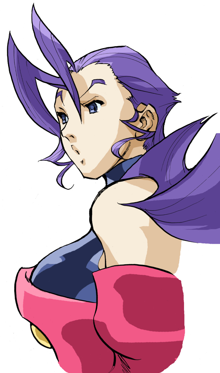 1girl ahoge bare_shoulders bengus breasts capcom clothing_cutout from_side game_cg highres huge_ahoge long_hair non-web_source official_art parted_lips portrait purple_hair rose_(street_fighter) shawl shoulder_cutout simple_background solo street_fighter street_fighter_zero_(series) upper_body white_background