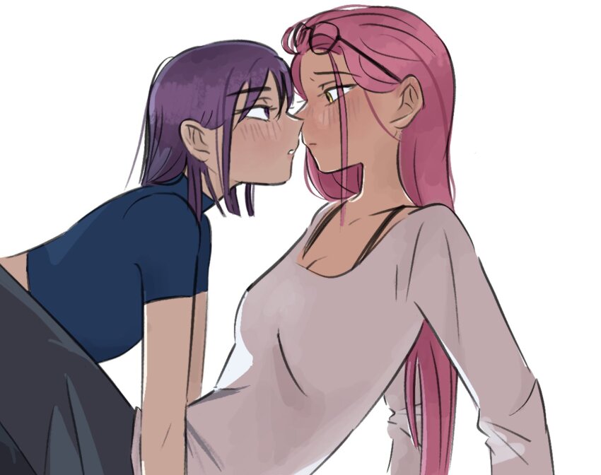2girls alien_stage black_pants blue_shirt blush bob_cut bra_strap commentary eyewear_on_head glasses grey_shirt hashtag-only_commentary highres imminent_kiss long_hair long_sleeves mizi_(alien_stage) motii multiple_girls pants pink_hair purple_eyes shirt short_hair sua_(alien_stage) turtleneck turtleneck_shirt very_long_hair yellow_eyes yuri