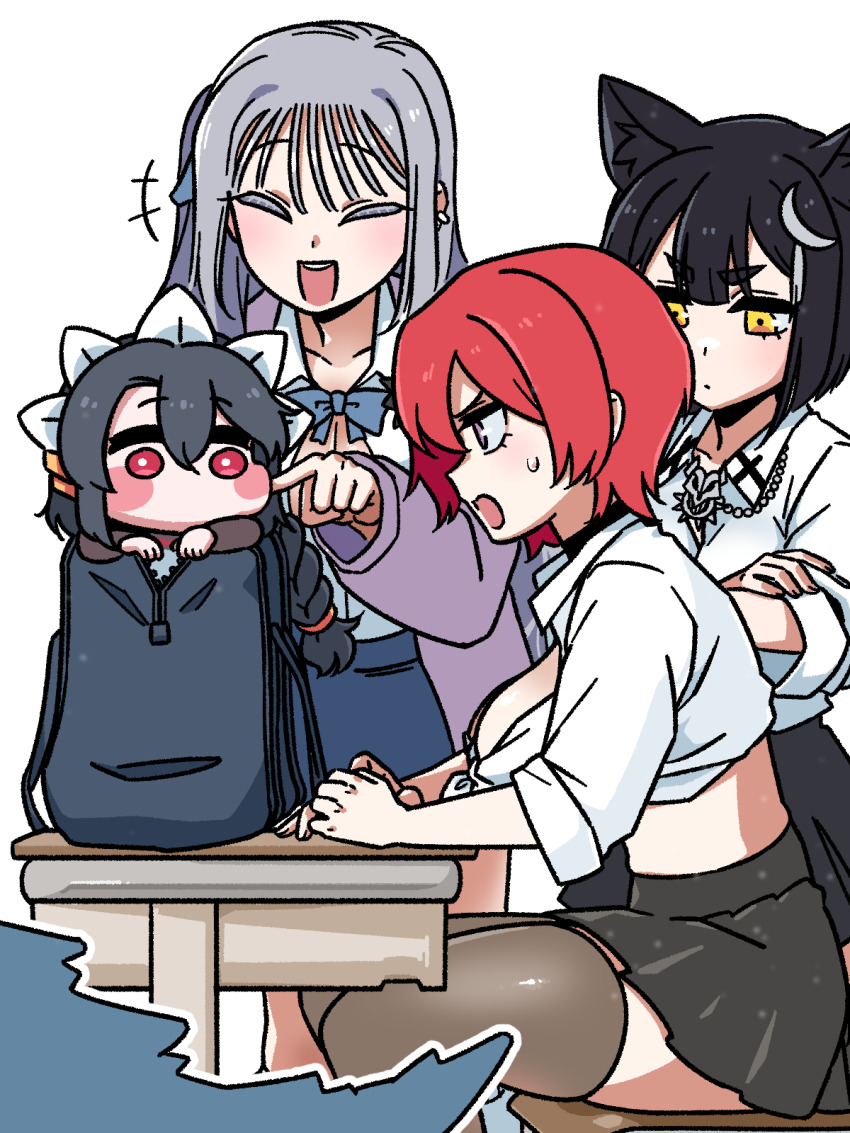 5girls adapted_costume aged_down alternate_costume amesuku_gyaru animal_ears bag black_hair black_thighhighs black_wyrm_(last_origin) blush_stickers braid braided_ponytail breasts cheona_(last_origin) cleavage closed_eyes collared_shirt crescent crescent_pin desk dog_ears dog_girl dragon_tail dress earrings empress&#039;_hound fafnir_(last_origin) grey_hair gyaru hair_between_eyes highres janghwa_(last_origin) jewelry kogal large_breasts last_origin long_hair mini_black_wyrm_(last_origin) mogijabgo multiple_girls necklace pleated_skirt purple_eyes red_eyes ribbon school_bag school_desk shirt simple_background skirt sweatdrop tail thighhighs vargr_(last_origin) very_long_hair yellow_eyes