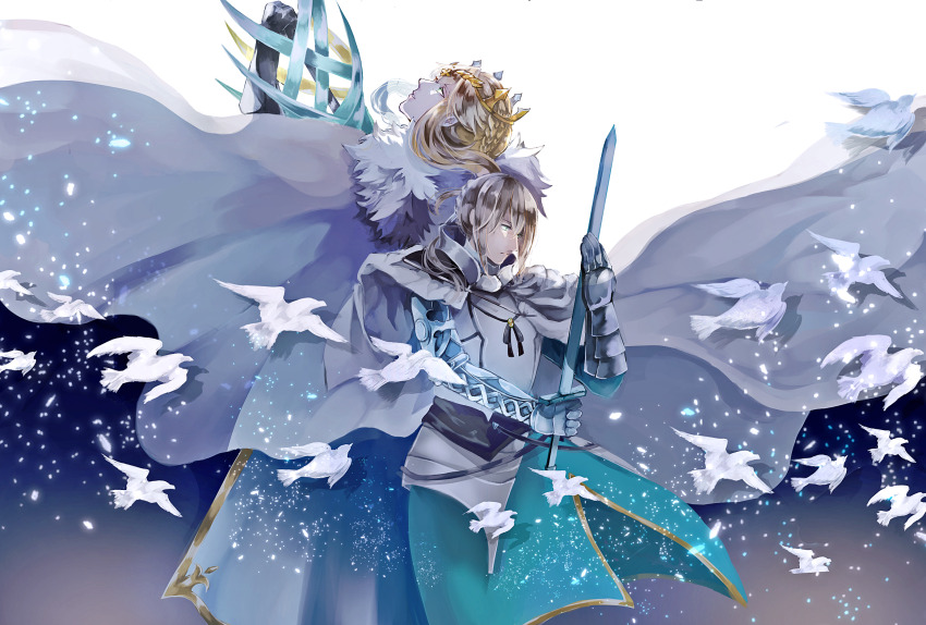 1boy 1girl airgetlam_(fate) armor artoria_pendragon_(fate) artoria_pendragon_(lancer)_(fate) back-to-back bedivere_(fate) bird blonde_hair braid camelot_(fate/grand_order) cape crown fate/grand_order fate_(series) fur_trim gauntlets green_eyes h_az_e hair_between_eyes highres holding holding_polearm holding_sword holding_weapon lance lion_king_(lancer)_(fate) long_hair pixiv_fate/grand_order_contest_2 polearm ponytail prosthesis prosthetic_arm rhongomyniad_(fate) sidelocks sword weapon