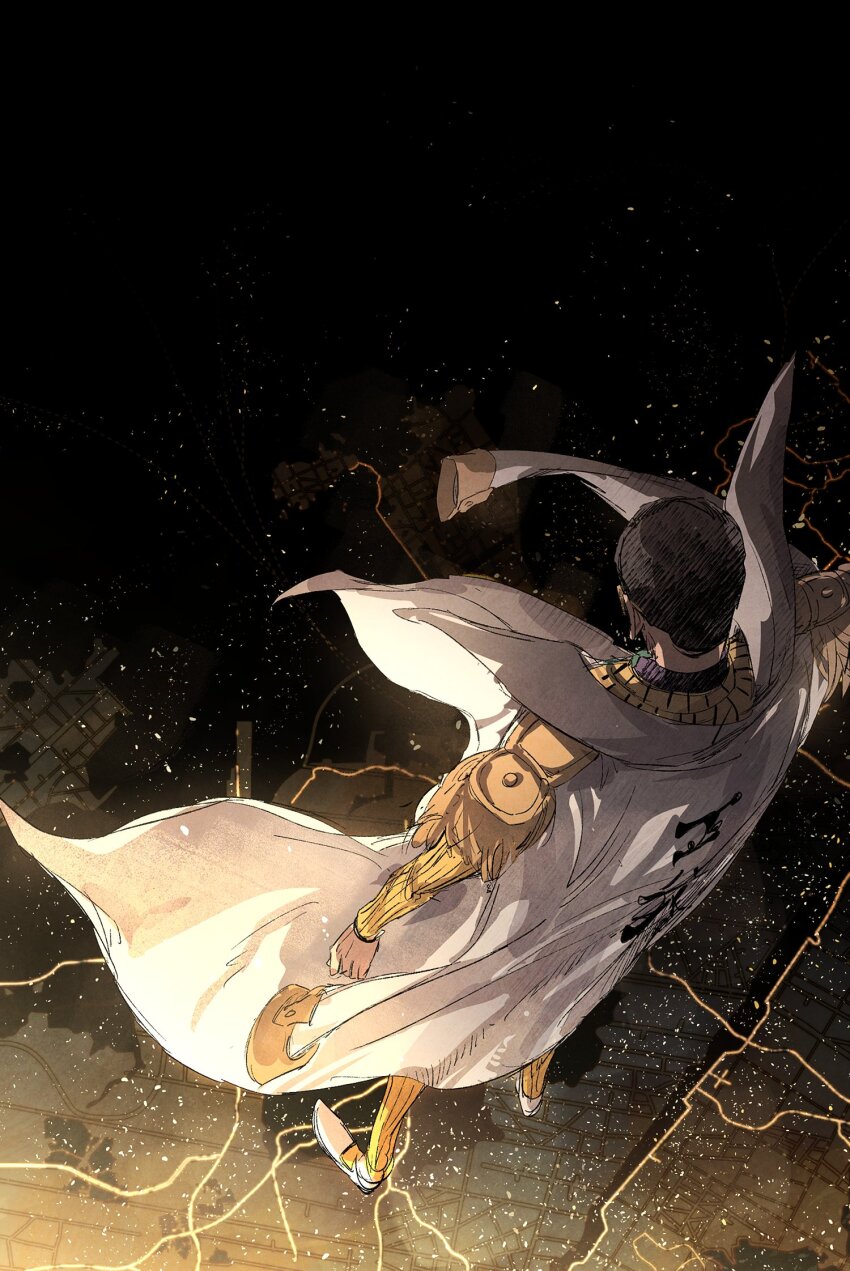 1boy 6cheetah black_hair borsalino_(kizaru) coat coat_on_shoulders commentary_request epaulettes floating_clothes formal_clothes from_above full_body highres jacket male_focus one_piece short_hair solo striped_clothes striped_jacket suit vertical-striped_clothes vertical-striped_jacket white_coat white_footwear yellow_suit